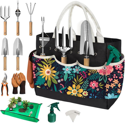 22Pcs Gardening Tools Set for Women Heavy Duty Garden Hand Tool Kit Birthday Gifts for Mom Her Wife Grandma Beginner Gardening Accessories with Tote Bag/Shovel/Repotting Mat/Plant Labels/Gloves-Black