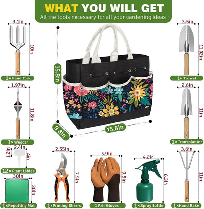 22Pcs Gardening Tools Set for Women Heavy Duty Garden Hand Tool Kit Birthday Gifts for Mom Her Wife Grandma Beginner Gardening Accessories with Tote Bag/Shovel/Repotting Mat/Plant Labels/Gloves-Black