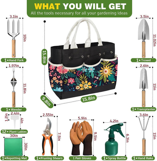 22Pcs Gardening Tools Set for Women Heavy Duty Garden Hand Tool Kit Birthday Gifts for Mom Her Wife Grandma Beginner Gardening Accessories with Tote Bag/Shovel/Repotting Mat/Plant Labels/Gloves-Black