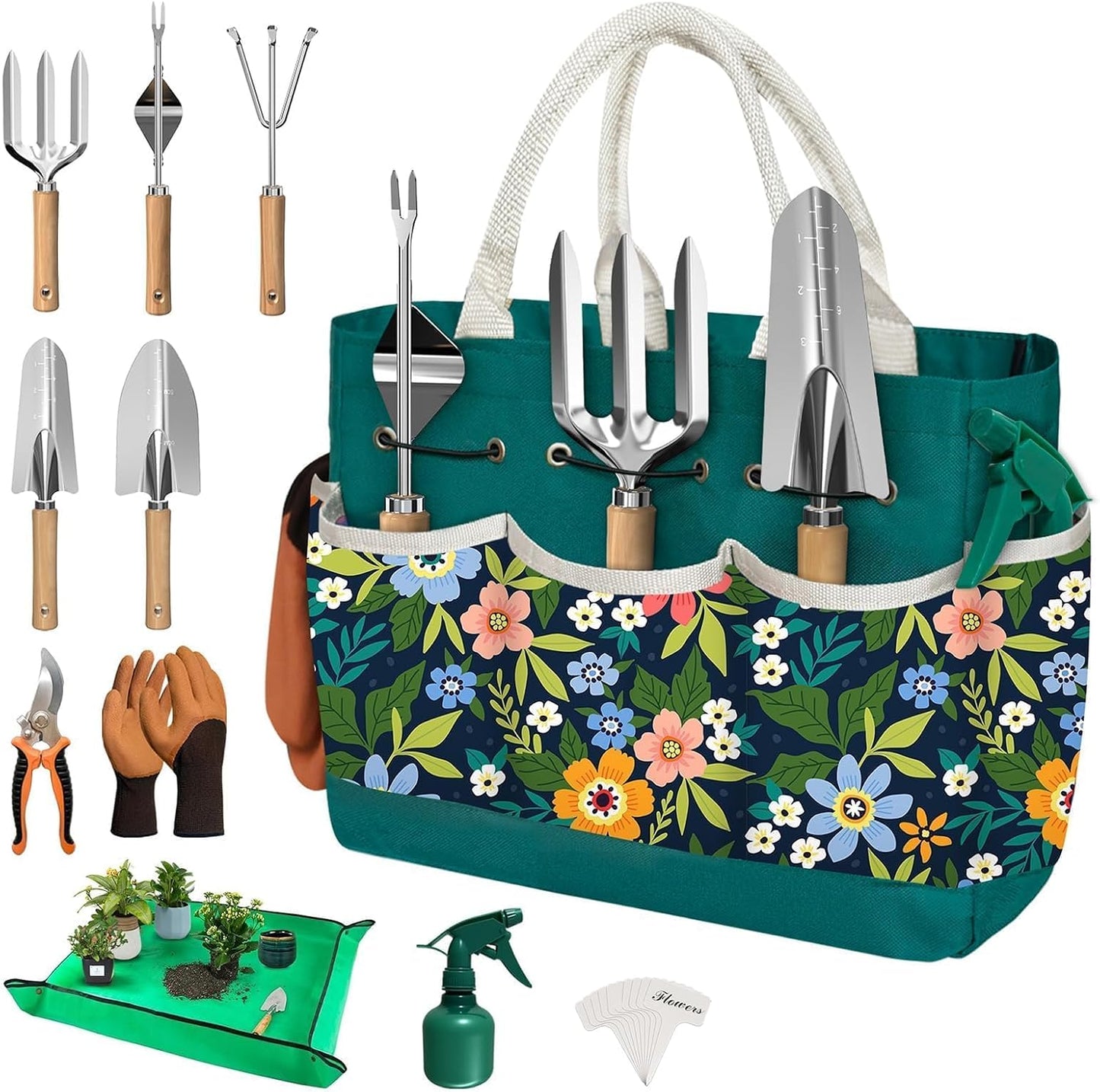 22Pcs Gardening Tools Set for Women Heavy Duty Garden Hand Tool Kit Birthday Gifts for Mom Her Wife Grandma Beginner Gardening Accessories with Tote Bag/Shovel/Repotting Mat/Plant Labels/Gloves-Black