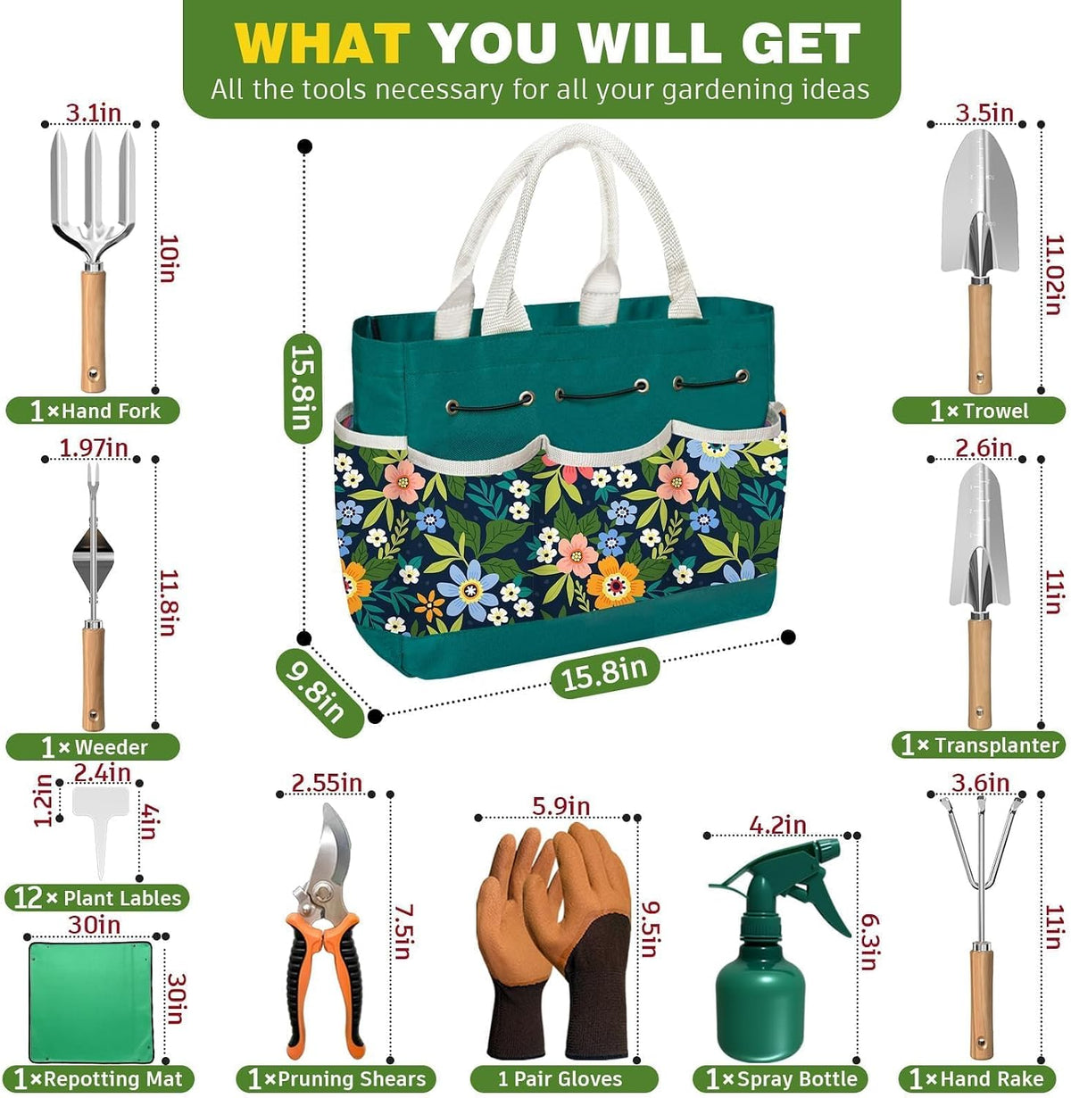 22Pcs Gardening Tools Set for Women Heavy Duty Garden Hand Tool Kit Birthday Gifts for Mom Her Wife Grandma Beginner Gardening Accessories with Tote Bag/Shovel/Repotting Mat/Plant Labels/Gloves-Black