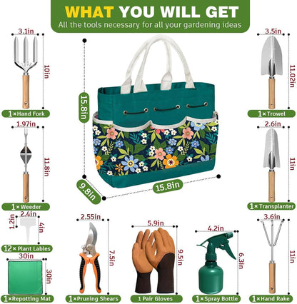 22Pcs Gardening Tools Set for Women Heavy Duty Garden Hand Tool Kit Birthday Gifts for Mom Her Wife Grandma Beginner Gardening Accessories with Tote Bag/Shovel/Repotting Mat/Plant Labels/Gloves-Black