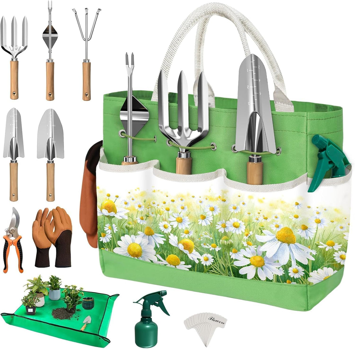 22Pcs Gardening Tools Set for Women Heavy Duty Garden Hand Tool Kit Birthday Gifts for Mom Her Wife Grandma Beginner Gardening Accessories with Tote Bag/Shovel/Repotting Mat/Plant Labels/Gloves-Black