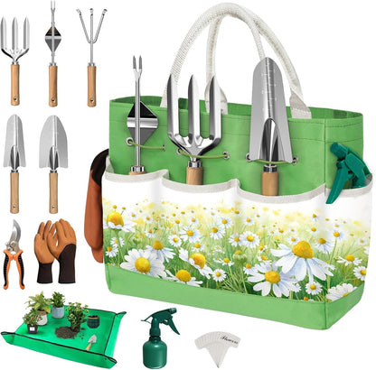 22Pcs Gardening Tools Set for Women Heavy Duty Garden Hand Tool Kit Birthday Gifts for Mom Her Wife Grandma Beginner Gardening Accessories with Tote Bag/Shovel/Repotting Mat/Plant Labels/Gloves-Black