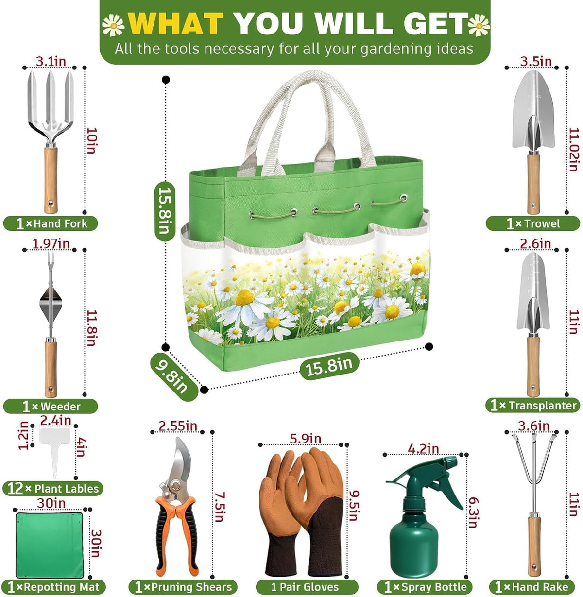 22Pcs Gardening Tools Set for Women Heavy Duty Garden Hand Tool Kit Birthday Gifts for Mom Her Wife Grandma Beginner Gardening Accessories with Tote Bag/Shovel/Repotting Mat/Plant Labels/Gloves-Black
