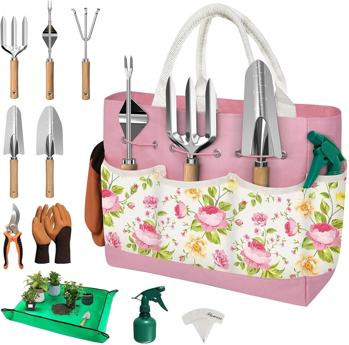 22Pcs Gardening Tools Set for Women Heavy Duty Garden Hand Tool Kit Birthday Gifts for Mom Her Wife Grandma Beginner Gardening Accessories with Tote Bag/Shovel/Repotting Mat/Plant Labels/Gloves-Black