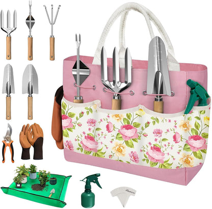 22Pcs Gardening Tools Set for Women Heavy Duty Garden Hand Tool Kit Birthday Gifts for Mom Her Wife Grandma Beginner Gardening Accessories with Tote Bag/Shovel/Repotting Mat/Plant Labels/Gloves-Black
