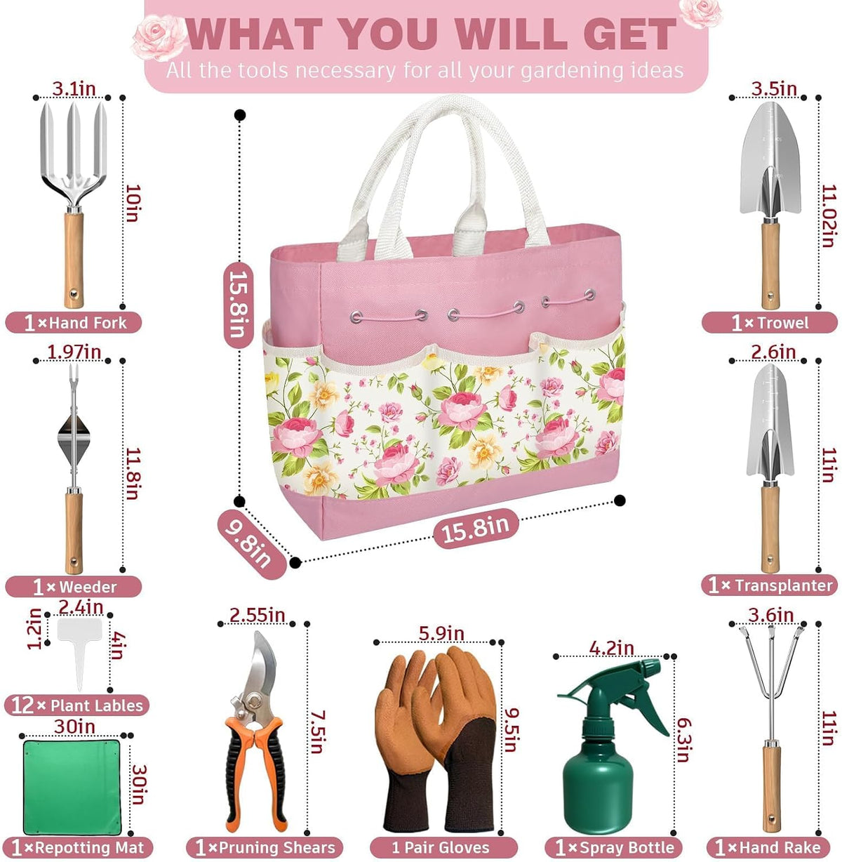 22Pcs Gardening Tools Set for Women Heavy Duty Garden Hand Tool Kit Birthday Gifts for Mom Her Wife Grandma Beginner Gardening Accessories with Tote Bag/Shovel/Repotting Mat/Plant Labels/Gloves-Black