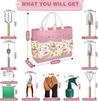 22Pcs Gardening Tools Set for Women Heavy Duty Garden Hand Tool Kit Birthday Gifts for Mom Her Wife Grandma Beginner Gardening Accessories with Tote Bag/Shovel/Repotting Mat/Plant Labels/Gloves-Black