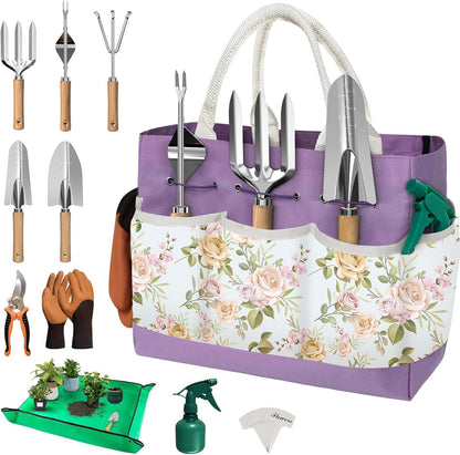 22Pcs Gardening Tools Set for Women Heavy Duty Garden Hand Tool Kit Birthday Gifts for Mom Her Wife Grandma Beginner Gardening Accessories with Tote Bag/Shovel/Repotting Mat/Plant Labels/Gloves-Black