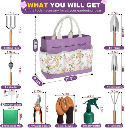 22Pcs Gardening Tools Set for Women Heavy Duty Garden Hand Tool Kit Birthday Gifts for Mom Her Wife Grandma Beginner Gardening Accessories with Tote Bag/Shovel/Repotting Mat/Plant Labels/Gloves-Black