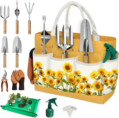 22Pcs Gardening Tools Set for Women Heavy Duty Garden Hand Tool Kit Birthday Gifts for Mom Her Wife Grandma Beginner Gardening Accessories with Tote Bag/Shovel/Repotting Mat/Plant Labels/Gloves-Black