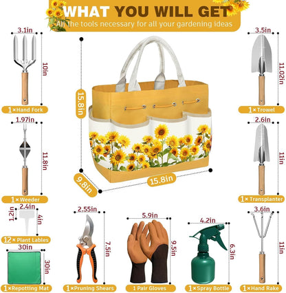 22Pcs Gardening Tools Set for Women Heavy Duty Garden Hand Tool Kit Birthday Gifts for Mom Her Wife Grandma Beginner Gardening Accessories with Tote Bag/Shovel/Repotting Mat/Plant Labels/Gloves-Black