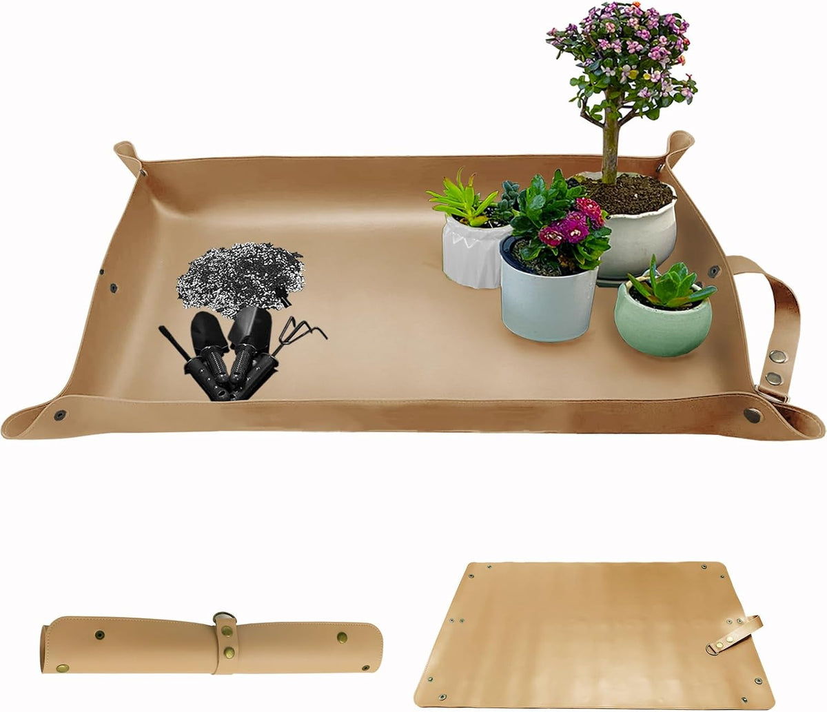 Plant Repotting Mat,Waterproof Leather Plant Transplanting Mats,Indoor Succulent Potting Mat for Change Soil and Watering,Portable Gardening Mats for Transplant and Mess Control (30" X 18",Brown)