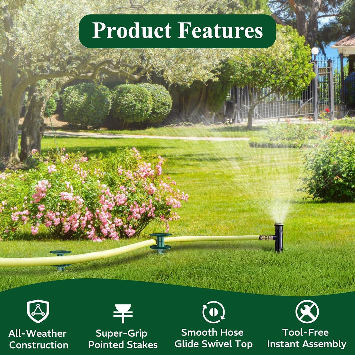 10 Inch Garden Hose Guide Spike, Rust Free Zink Sturdy Metal Stake, Heavy Duty Dark Green Spin Top, Keeps Garden Hose Out of Flower beds, for Plant Protection Greenhouse, Yard Lawn, 2PCS