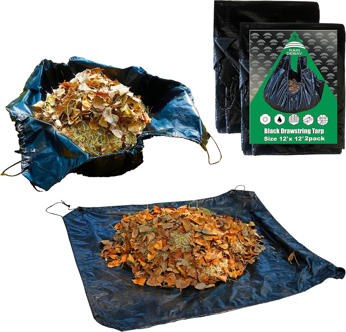 Drawstring Tarps 12x12 Feet (2pack) Black Waterproof Leaf Tarp