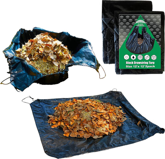 Drawstring Tarps 12x12 Feet (2pack) Black Waterproof Leaf Tarp