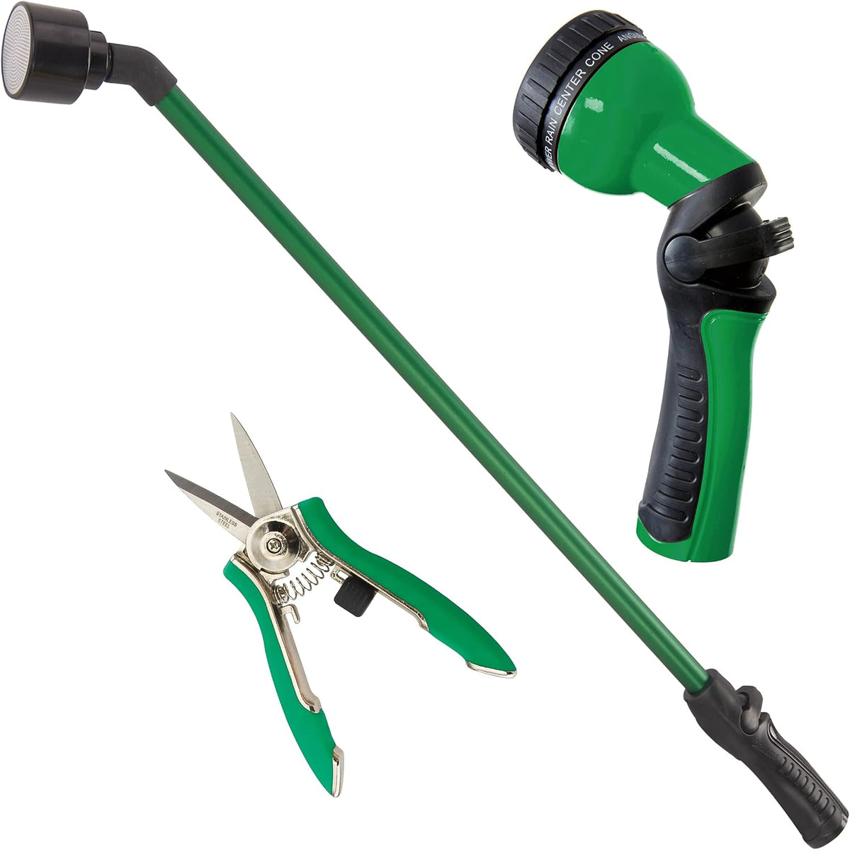 Watering & Tool Set – 30-Inch One Touch Rain Wand + 9‑Pattern Revolution Spray Gun + ColorPoint Compact Shear | Heavy‑Duty Metal, Ergonomic Grips - Green
