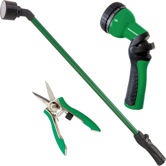 Watering & Tool Set – 30-Inch One Touch Rain Wand + 9‑Pattern Revolution Spray Gun + ColorPoint Compact Shear | Heavy‑Duty Metal, Ergonomic Grips - Green