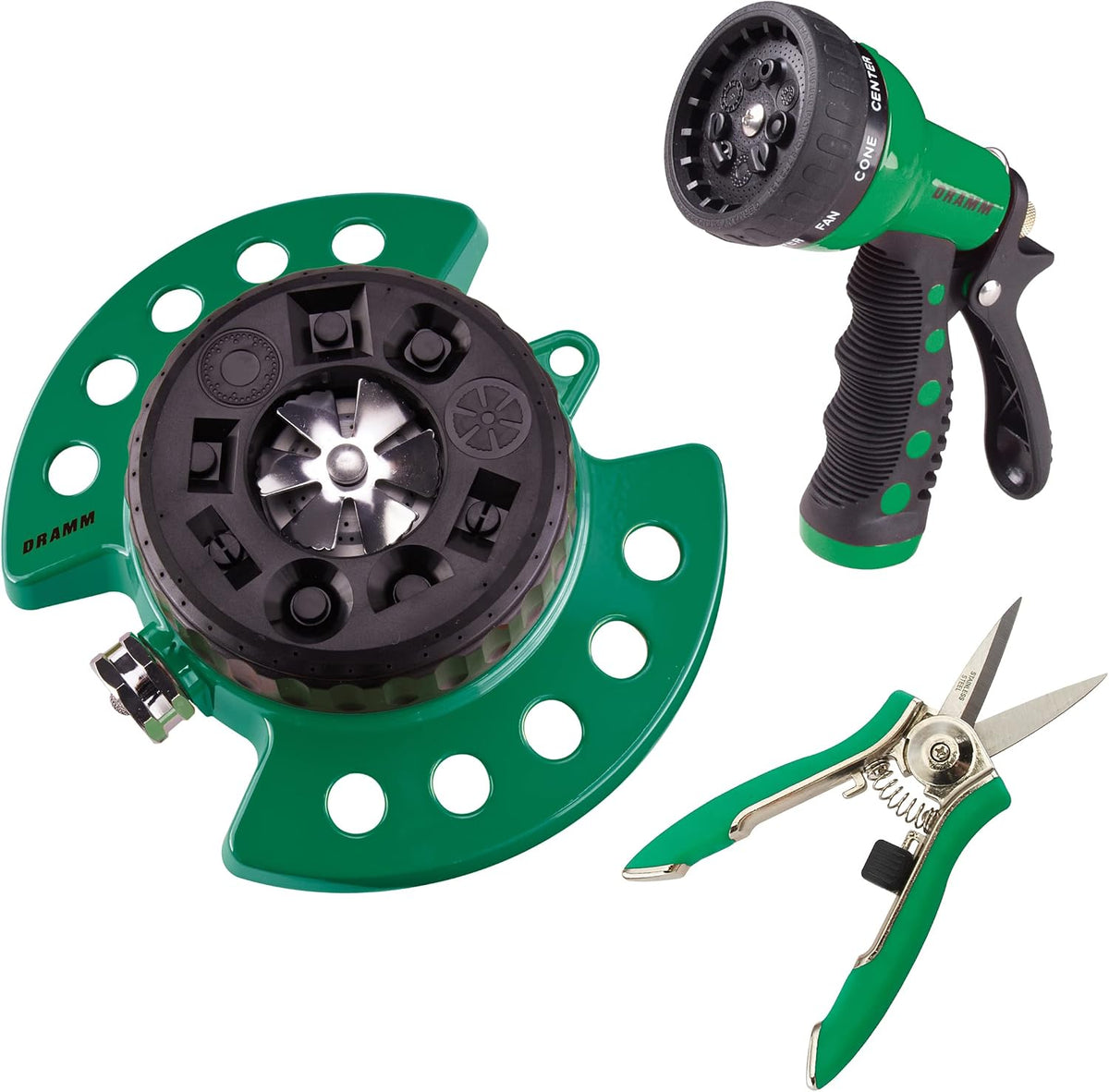 Watering & Tool Set – 30-Inch One Touch Rain Wand + 9‑Pattern Revolution Spray Gun + ColorPoint Compact Shear | Heavy‑Duty Metal, Ergonomic Grips - Green