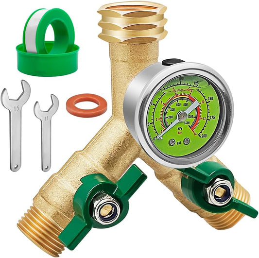 Brass Garden Hose Splitter Full Flow, Hose Splitter 2 Way Heavy Duty, Large Rotate Grip Handles Hose Y Splitter with Shutoff, Garden Hose Splitter with 0-200 PSI Pressure Gauge, 3/4" GHT Threads