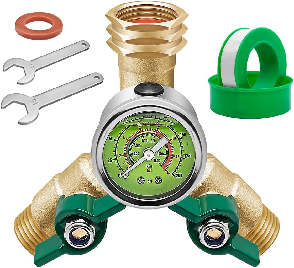 Brass Garden Hose Splitter Full Flow, Hose Splitter 2 Way Heavy Duty, Large Rotate Grip Handles Hose Y Splitter with Shutoff, Garden Hose Splitter with 0-200 PSI Pressure Gauge, 3/4" GHT Threads