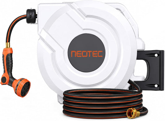 100ft 5/8 Inch Retractable Garden Hose Reel with Any-Length Lock Slow Auto Rewind Heavy Duty Hose Reel With 9-Pattern Nozzle 180° Swivel Bracket UV Resistant Wall Mounted Hose Reel for Outside