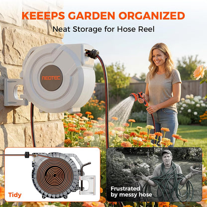 100ft 5/8 Inch Retractable Garden Hose Reel with Any-Length Lock Slow Auto Rewind Heavy Duty Hose Reel With 9-Pattern Nozzle 180° Swivel Bracket UV Resistant Wall Mounted Hose Reel for Outside