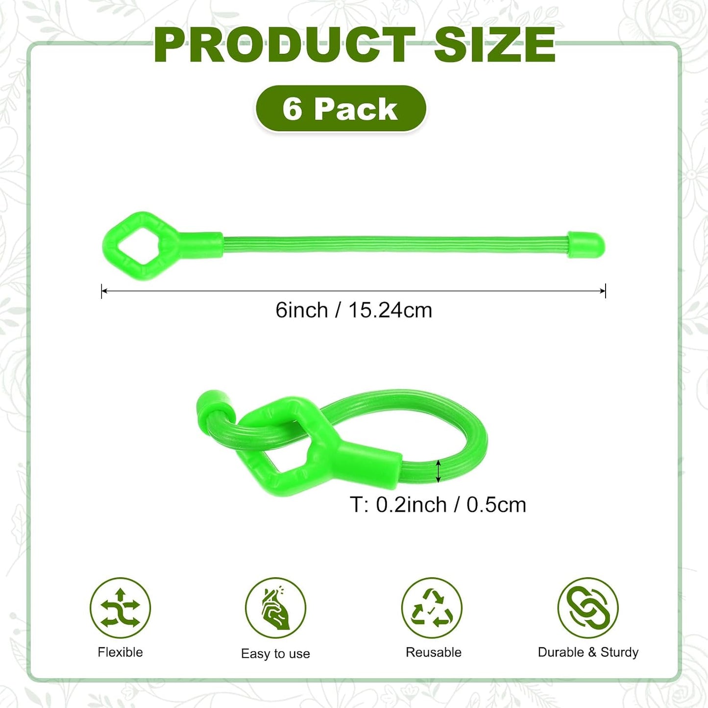 6-Pack Adjustable Plant Ties, 6inch/15.24cm Silicone Flexible Multi-Function Sturdy Garden Twist Tie for Plant Support/Tree/Shrub/Vine, Reusable Support Twine [Green]