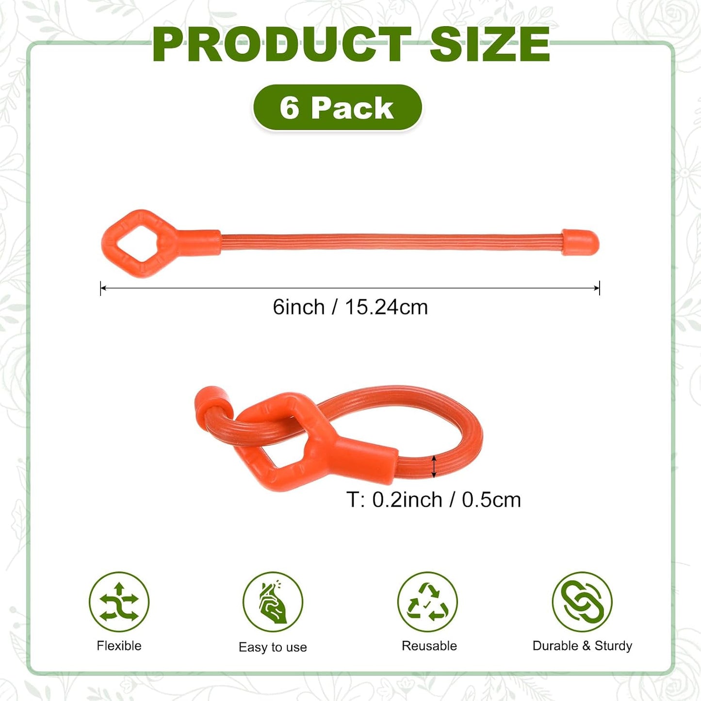 6-Pack Adjustable Plant Ties, 6inch/15.24cm Silicone Flexible Multi-Function Sturdy Garden Twist Tie for Plant Support/Tree/Shrub/Vine, Reusable Support Twine [Green]
