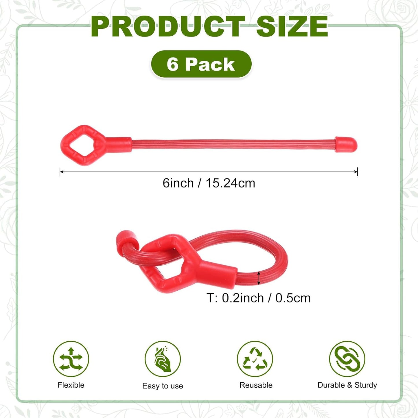 6-Pack Adjustable Plant Ties, 6inch/15.24cm Silicone Flexible Multi-Function Sturdy Garden Twist Tie for Plant Support/Tree/Shrub/Vine, Reusable Support Twine [Green]