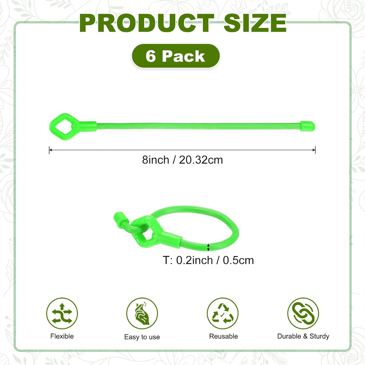 6-Pack Adjustable Plant Ties, 6inch/15.24cm Silicone Flexible Multi-Function Sturdy Garden Twist Tie for Plant Support/Tree/Shrub/Vine, Reusable Support Twine [Green]