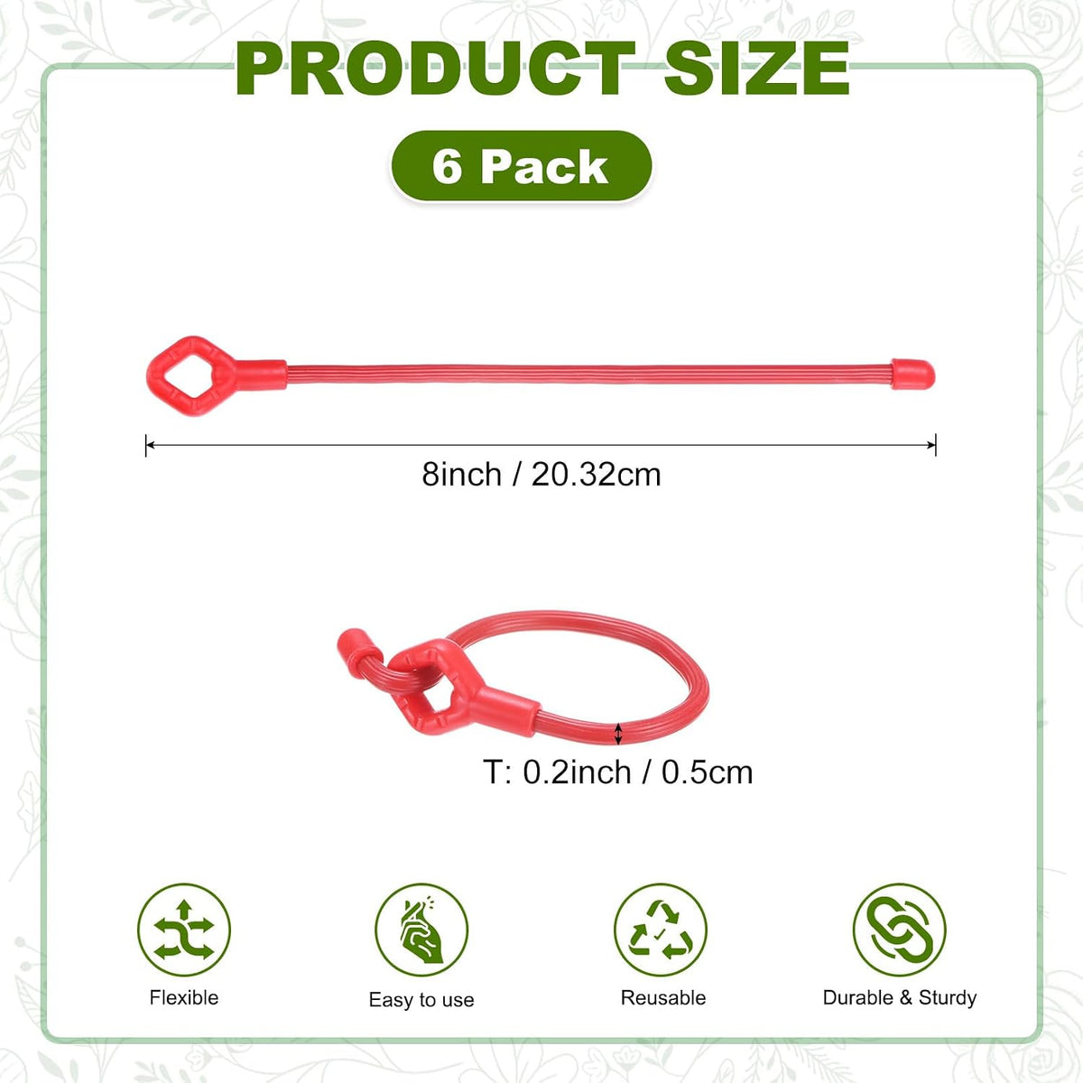 6-Pack Adjustable Plant Ties, 6inch/15.24cm Silicone Flexible Multi-Function Sturdy Garden Twist Tie for Plant Support/Tree/Shrub/Vine, Reusable Support Twine [Green]