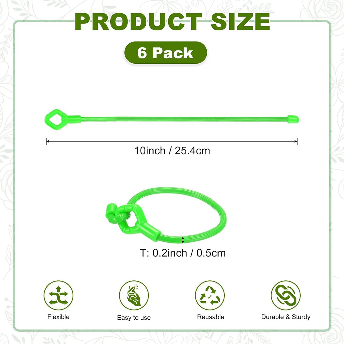 6-Pack Adjustable Plant Ties, 6inch/15.24cm Silicone Flexible Multi-Function Sturdy Garden Twist Tie for Plant Support/Tree/Shrub/Vine, Reusable Support Twine [Green]