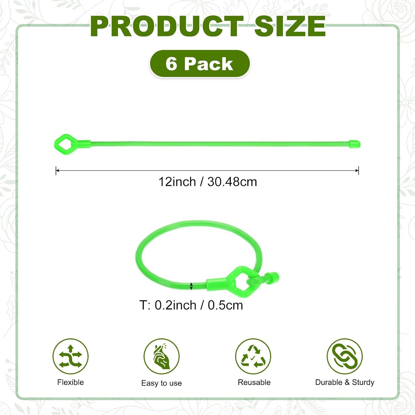 6-Pack Adjustable Plant Ties, 6inch/15.24cm Silicone Flexible Multi-Function Sturdy Garden Twist Tie for Plant Support/Tree/Shrub/Vine, Reusable Support Twine [Green]