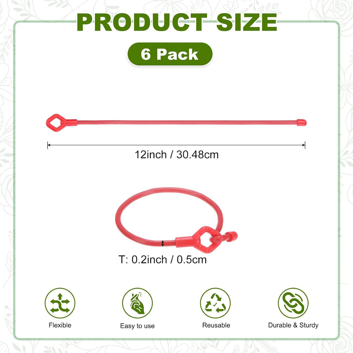 6-Pack Adjustable Plant Ties, 6inch/15.24cm Silicone Flexible Multi-Function Sturdy Garden Twist Tie for Plant Support/Tree/Shrub/Vine, Reusable Support Twine [Green]