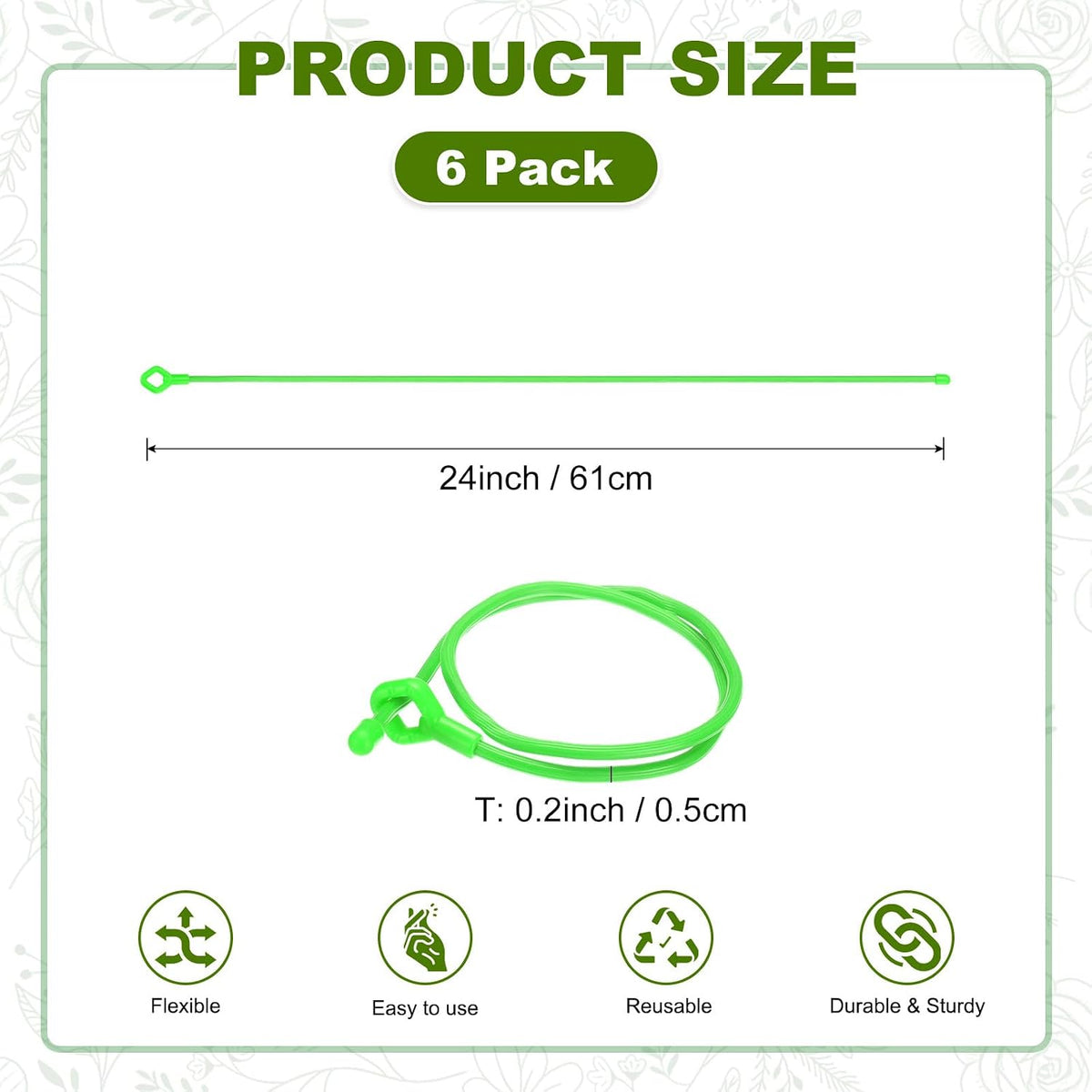 6-Pack Adjustable Plant Ties, 6inch/15.24cm Silicone Flexible Multi-Function Sturdy Garden Twist Tie for Plant Support/Tree/Shrub/Vine, Reusable Support Twine [Green]