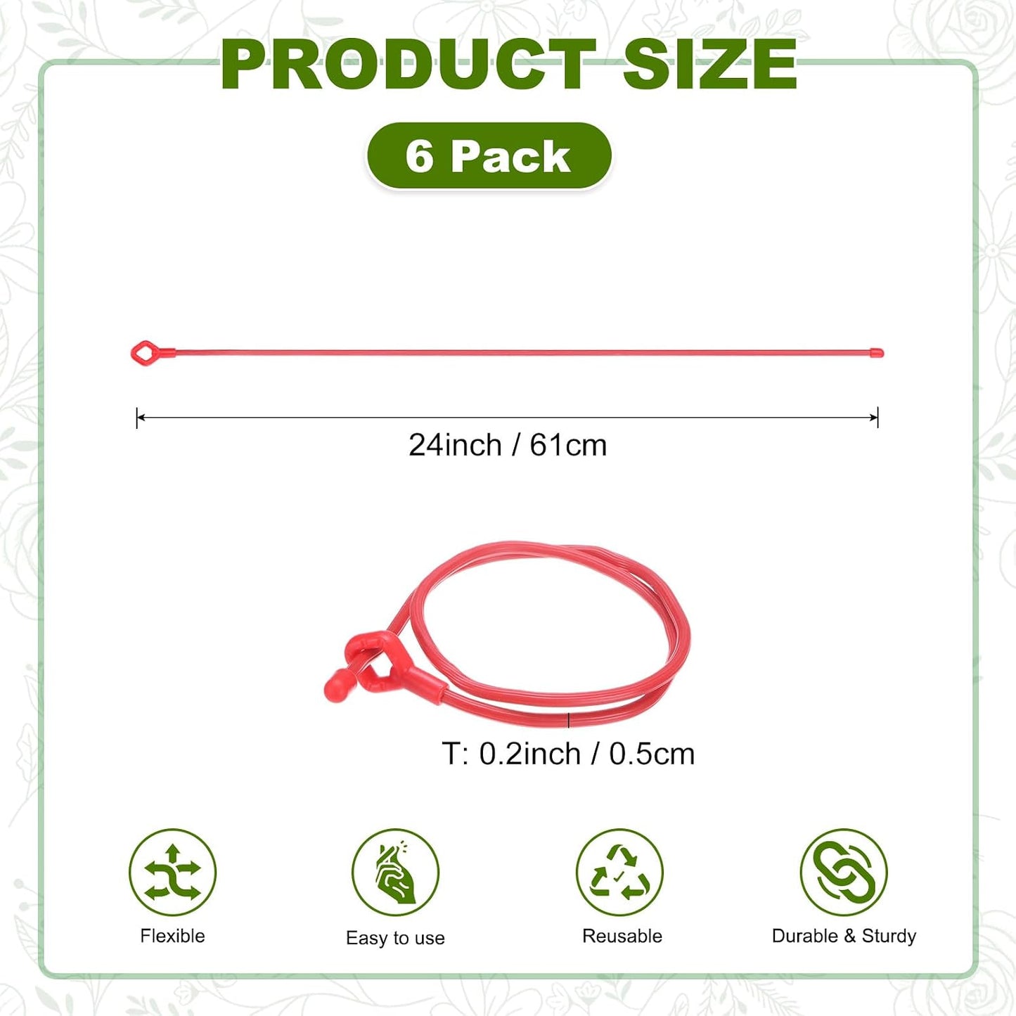 6-Pack Adjustable Plant Ties, 6inch/15.24cm Silicone Flexible Multi-Function Sturdy Garden Twist Tie for Plant Support/Tree/Shrub/Vine, Reusable Support Twine [Green]