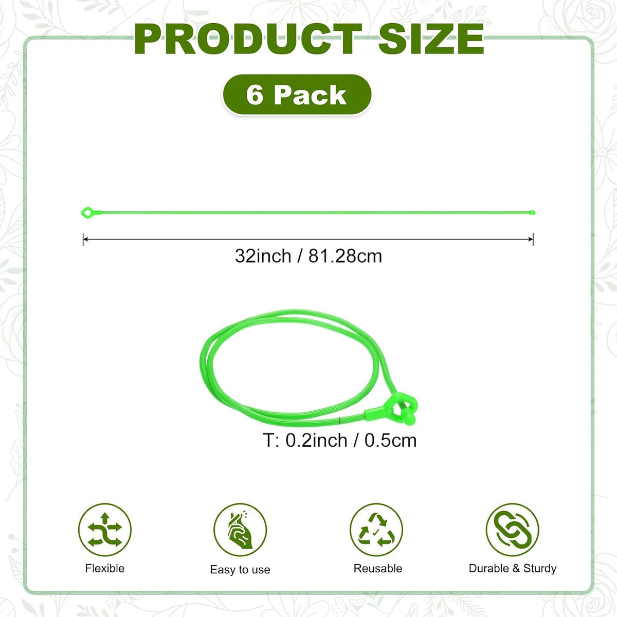 6-Pack Adjustable Plant Ties, 6inch/15.24cm Silicone Flexible Multi-Function Sturdy Garden Twist Tie for Plant Support/Tree/Shrub/Vine, Reusable Support Twine [Green]