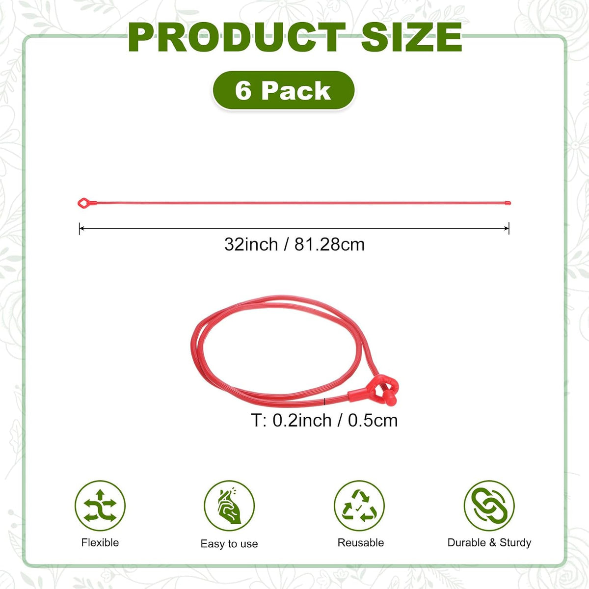 6-Pack Adjustable Plant Ties, 6inch/15.24cm Silicone Flexible Multi-Function Sturdy Garden Twist Tie for Plant Support/Tree/Shrub/Vine, Reusable Support Twine [Green]