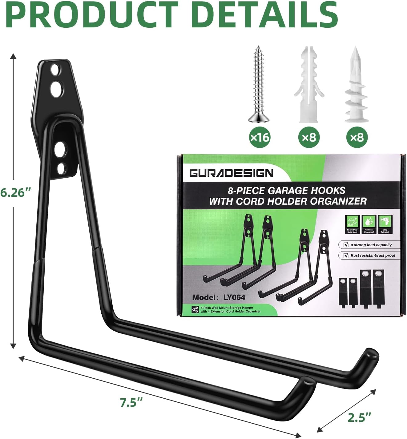 8-Pack Heavy Duty Bike Hook, Loading Capacity 100 LBS, 6 inch, Bike Hooks for Garage Wall and Garage Ceiling