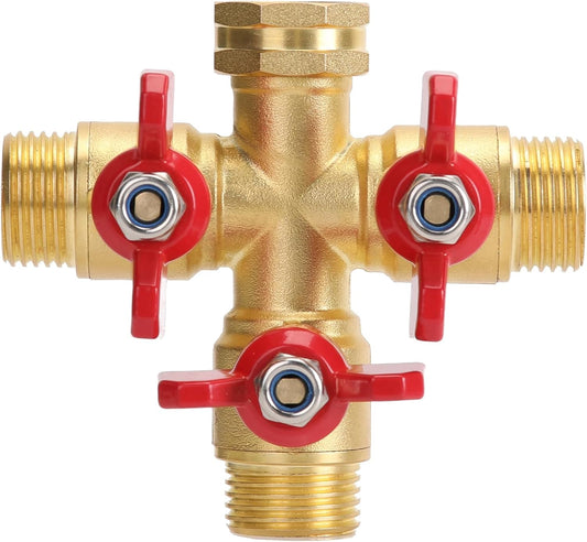 Garden Hose Splitter 3 Way, Heavy Duty 3-Way Brass Valve Garden Hose Splitter With Stainless Steel Long Handle, Full Flow Hose Splitter Connector, Valve 3/4 Inch GHT Thread