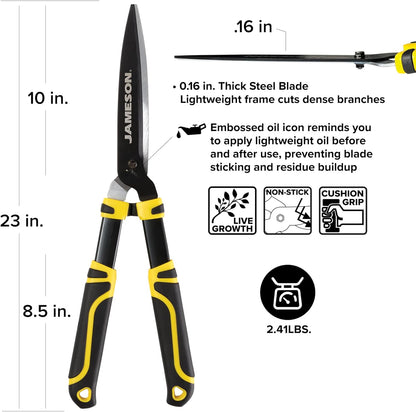 Heavy-Duty Hedge Shears – 23″ with Ultra-Sharp Non-Stick Blades, Lightweight Aluminum Frame, and Shock-Absorbing Grip