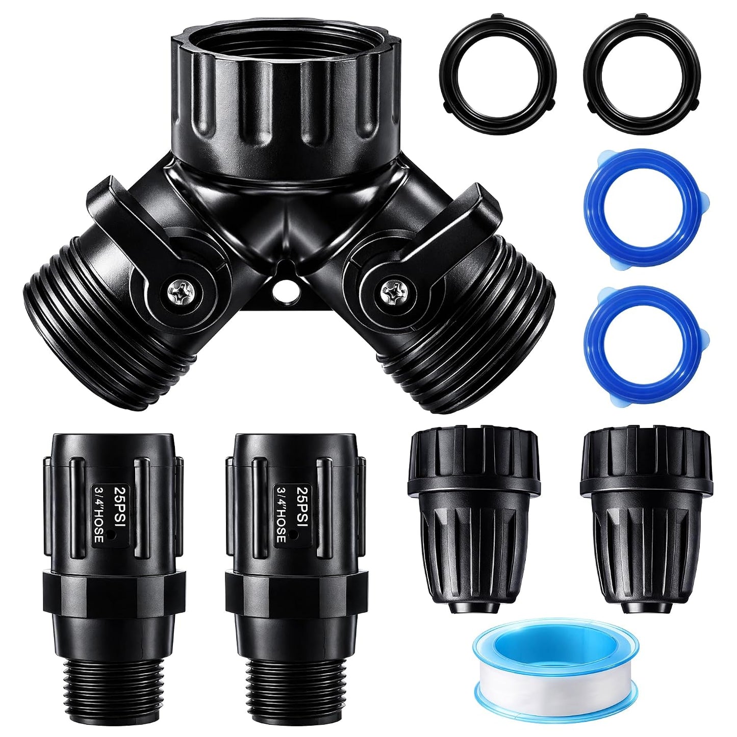 6 Pcs Drip Irrigation Kit, Included 2 Way Y Water Splitter Connector, 2 Pcs 25 PSI Garden Hose Pressure Regulator and 2 Pc 1/2 Inch Irrigation Tubing Hose Adapter for Drip Irrigate System