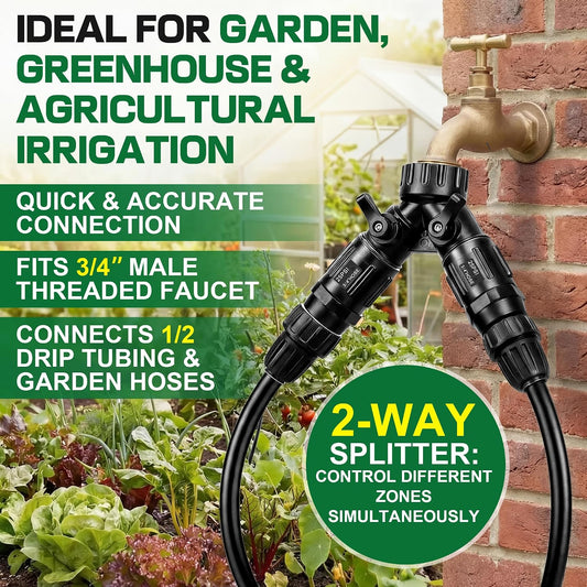 6 Pcs Drip Irrigation Kit, Included 2 Way Y Water Splitter Connector, 2 Pcs 25 PSI Garden Hose Pressure Regulator and 2 Pc 1/2 Inch Irrigation Tubing Hose Adapter for Drip Irrigate System