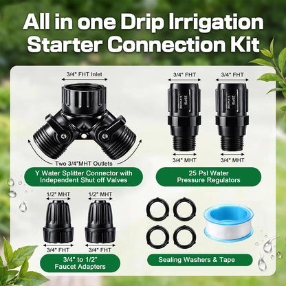 6 Pcs Drip Irrigation Kit, Included 2 Way Y Water Splitter Connector, 2 Pcs 25 PSI Garden Hose Pressure Regulator and 2 Pc 1/2 Inch Irrigation Tubing Hose Adapter for Drip Irrigate System