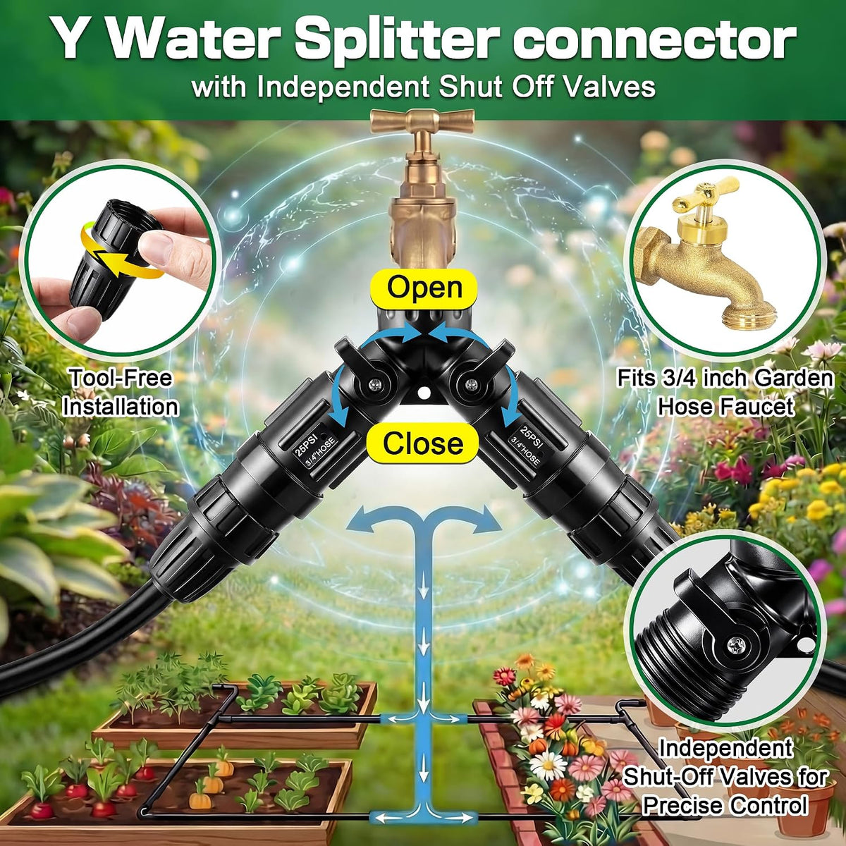 6 Pcs Drip Irrigation Kit, Included 2 Way Y Water Splitter Connector, 2 Pcs 25 PSI Garden Hose Pressure Regulator and 2 Pc 1/2 Inch Irrigation Tubing Hose Adapter for Drip Irrigate System
