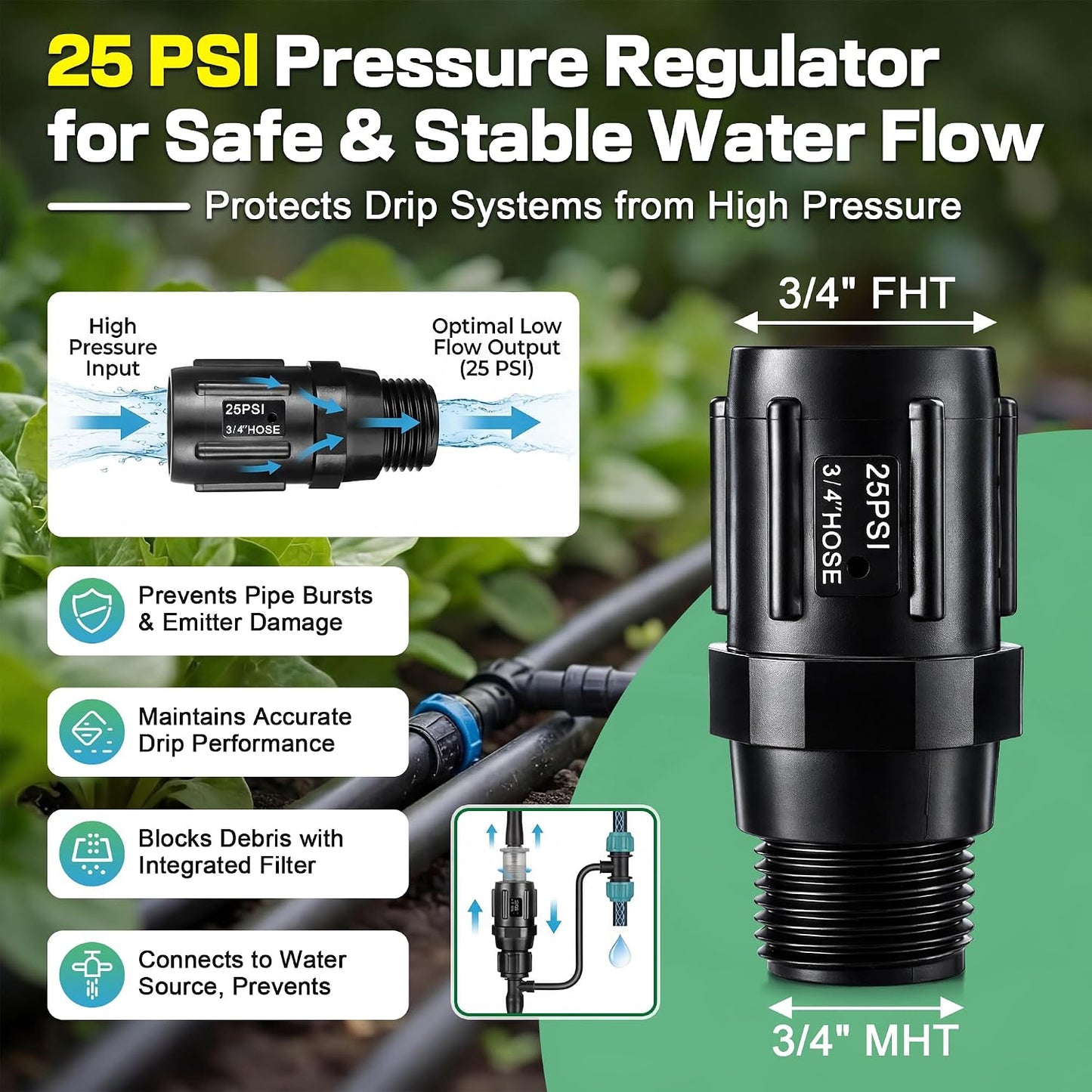 6 Pcs Drip Irrigation Kit, Included 2 Way Y Water Splitter Connector, 2 Pcs 25 PSI Garden Hose Pressure Regulator and 2 Pc 1/2 Inch Irrigation Tubing Hose Adapter for Drip Irrigate System