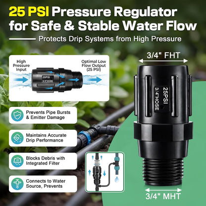 6 Pcs Drip Irrigation Kit, Included 2 Way Y Water Splitter Connector, 2 Pcs 25 PSI Garden Hose Pressure Regulator and 2 Pc 1/2 Inch Irrigation Tubing Hose Adapter for Drip Irrigate System