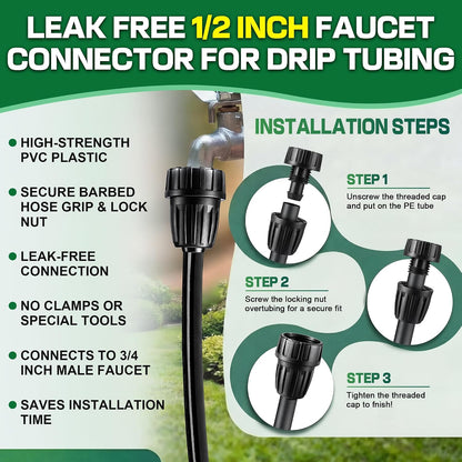 6 Pcs Drip Irrigation Kit, Included 2 Way Y Water Splitter Connector, 2 Pcs 25 PSI Garden Hose Pressure Regulator and 2 Pc 1/2 Inch Irrigation Tubing Hose Adapter for Drip Irrigate System